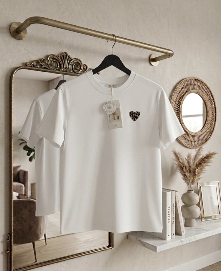 Leopar Kalp Detaylı Beyaz T-Shirt